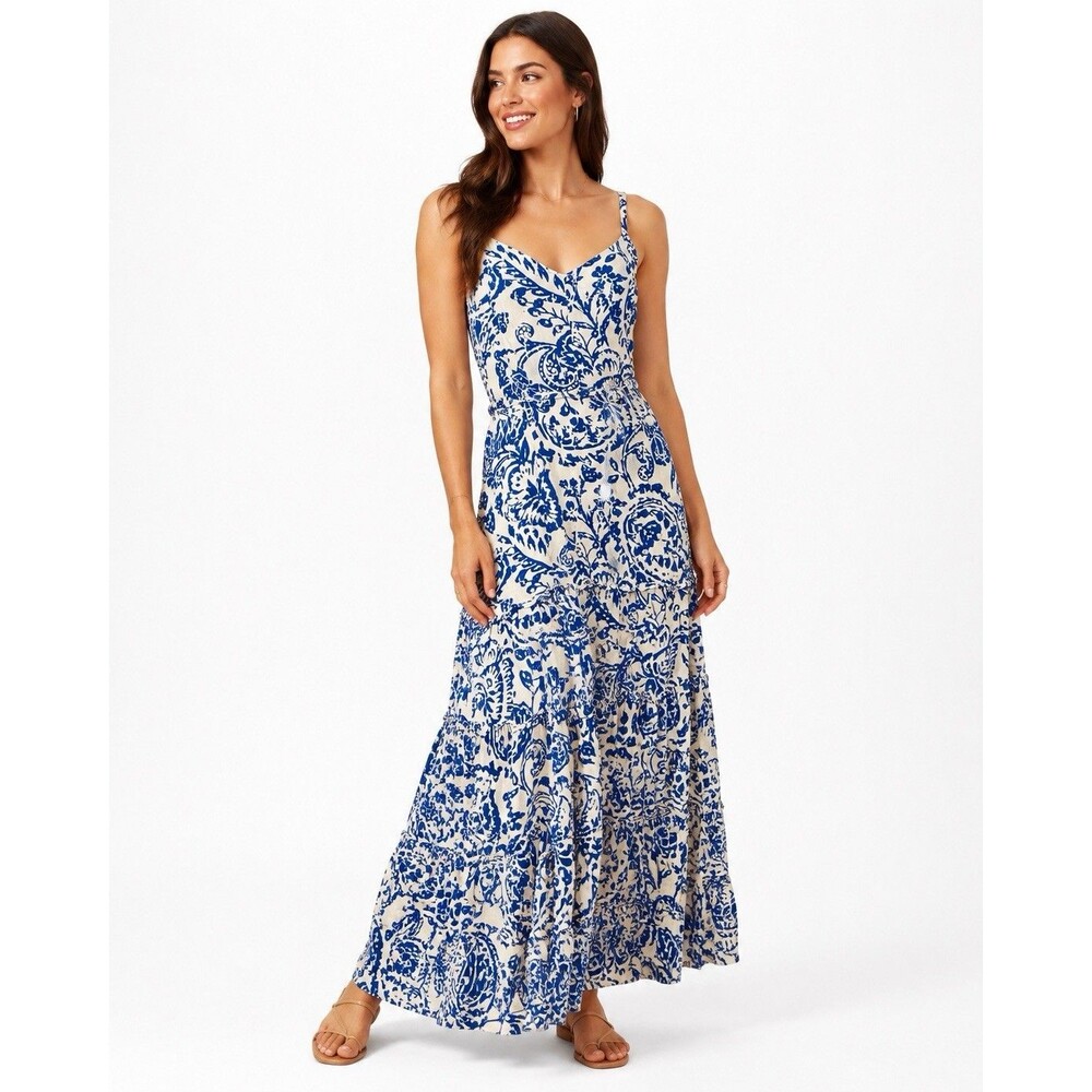 MSK Blue Ivory Floral Paisley Tiered Maxi Dress Size L Belted Boho Resort